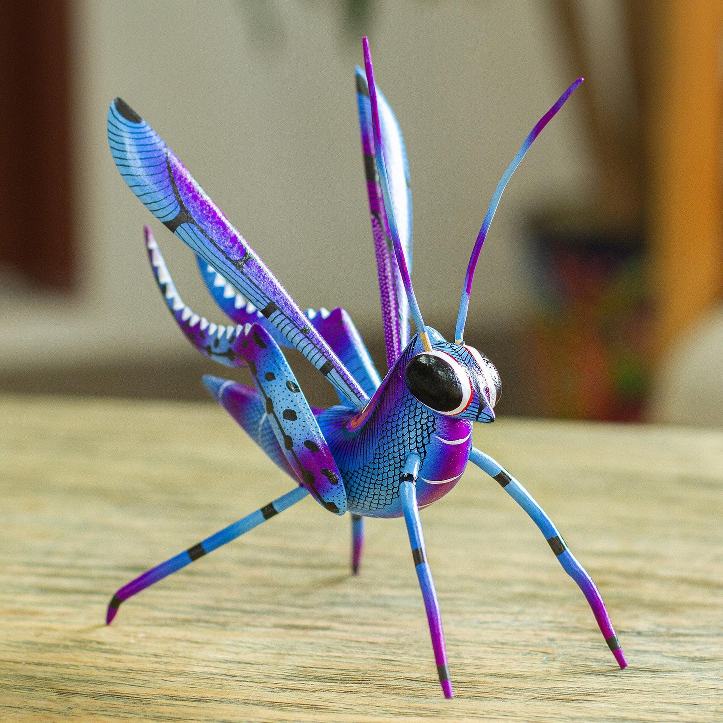 Blue Good Luck Cricket Wood Alebrije Cricket Sculpture in Blue from Mexico