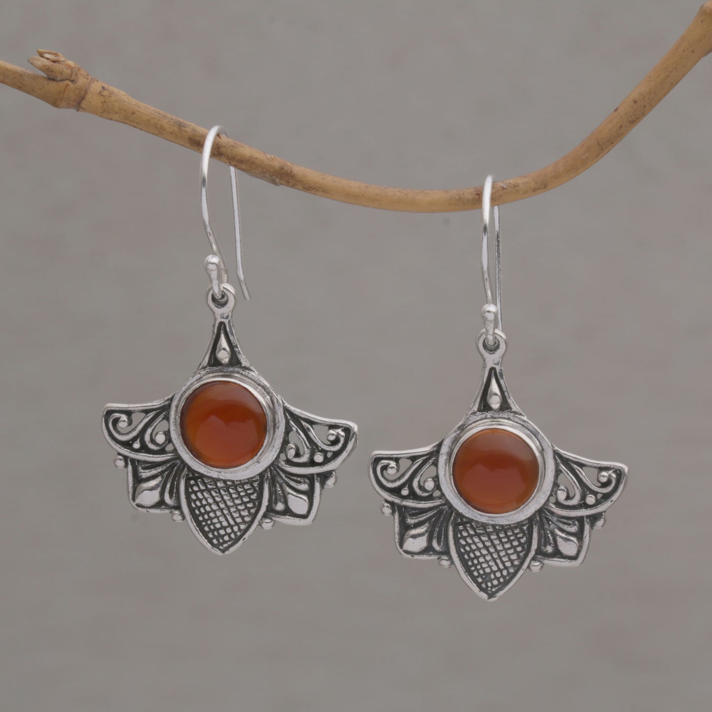 Falcon's Eye Carnelian and Sterling Silver Bird Dangle Earrings from Bali