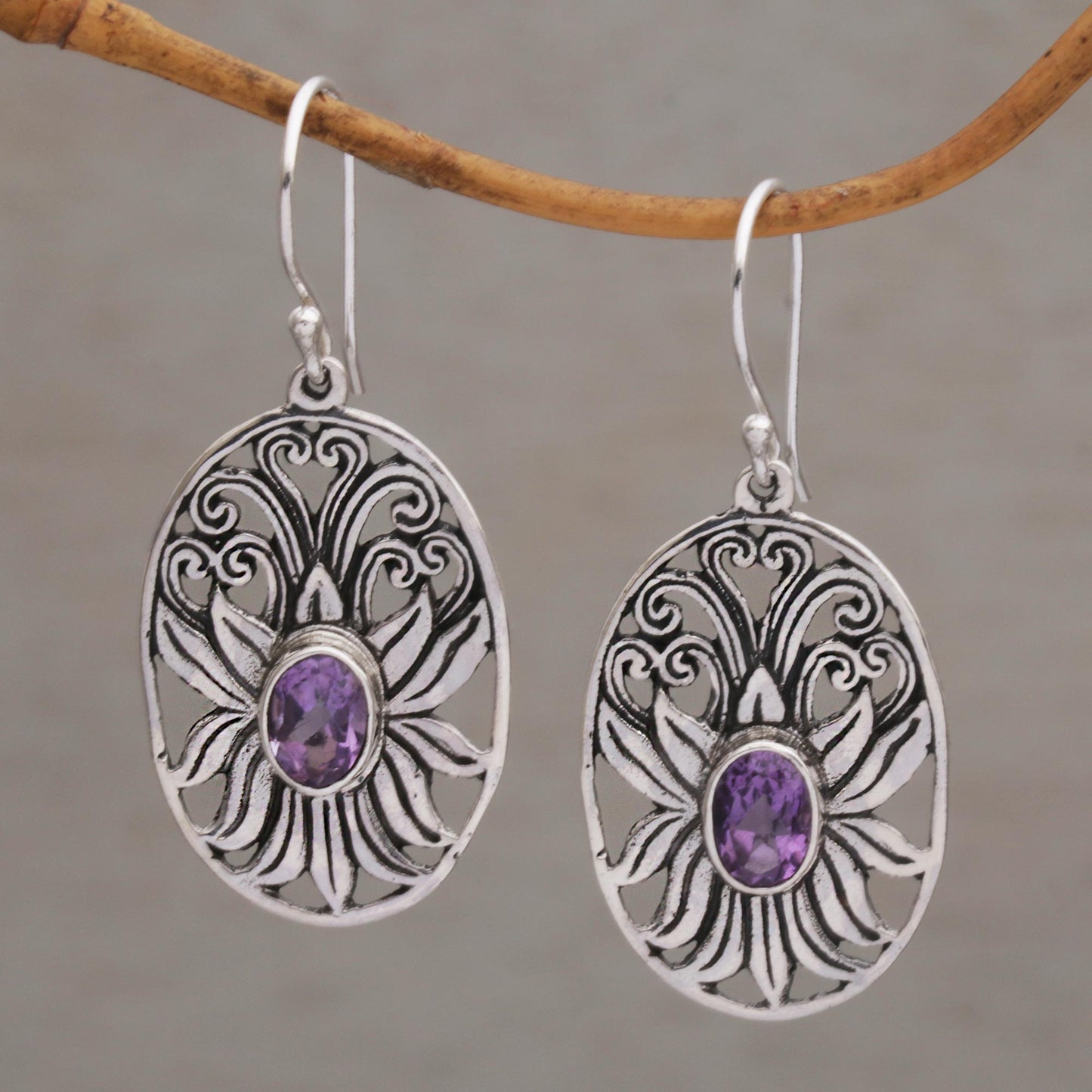 Daylight Lotus Balinese Amethyst and Sterling Silver Lotus Dangle Earrings