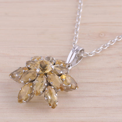 Golden Burst Rhodium Plated Citrine Pendant Necklace from India