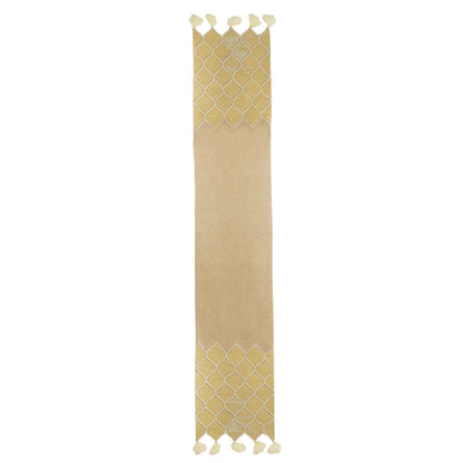 Classic Honeycomb Cotton Jute Beige Beaded Embroidered Table Runner