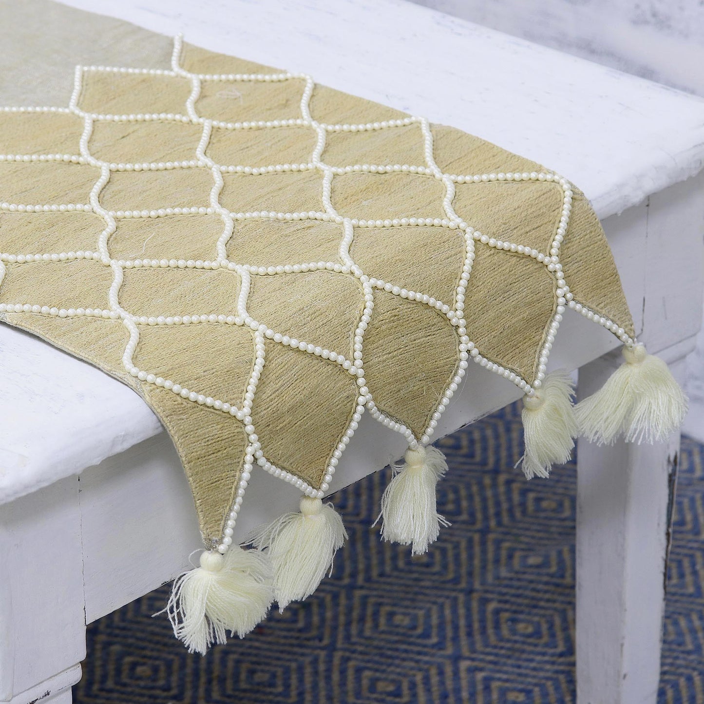 Classic Honeycomb Cotton Jute Beige Beaded Embroidered Table Runner