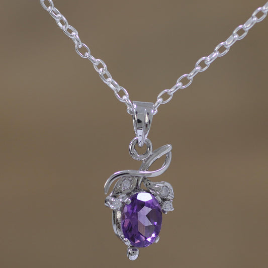 Lilac Fruit Rhodium Plated Amethyst Fruit Pendant Necklace from India