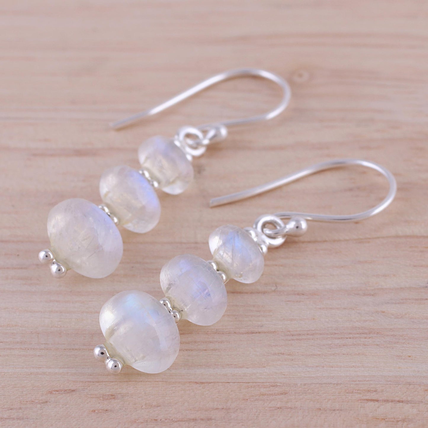 Natural Ellipses Rainbow Moonstone and 925 Silver Dangle Earrings from India