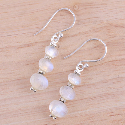 Natural Ellipses Rainbow Moonstone and 925 Silver Dangle Earrings from India