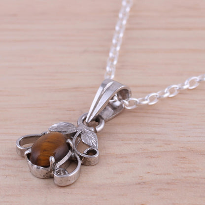 Blossom of Brown Rhodium Plated Tiger's Eye Pendant Necklace from India