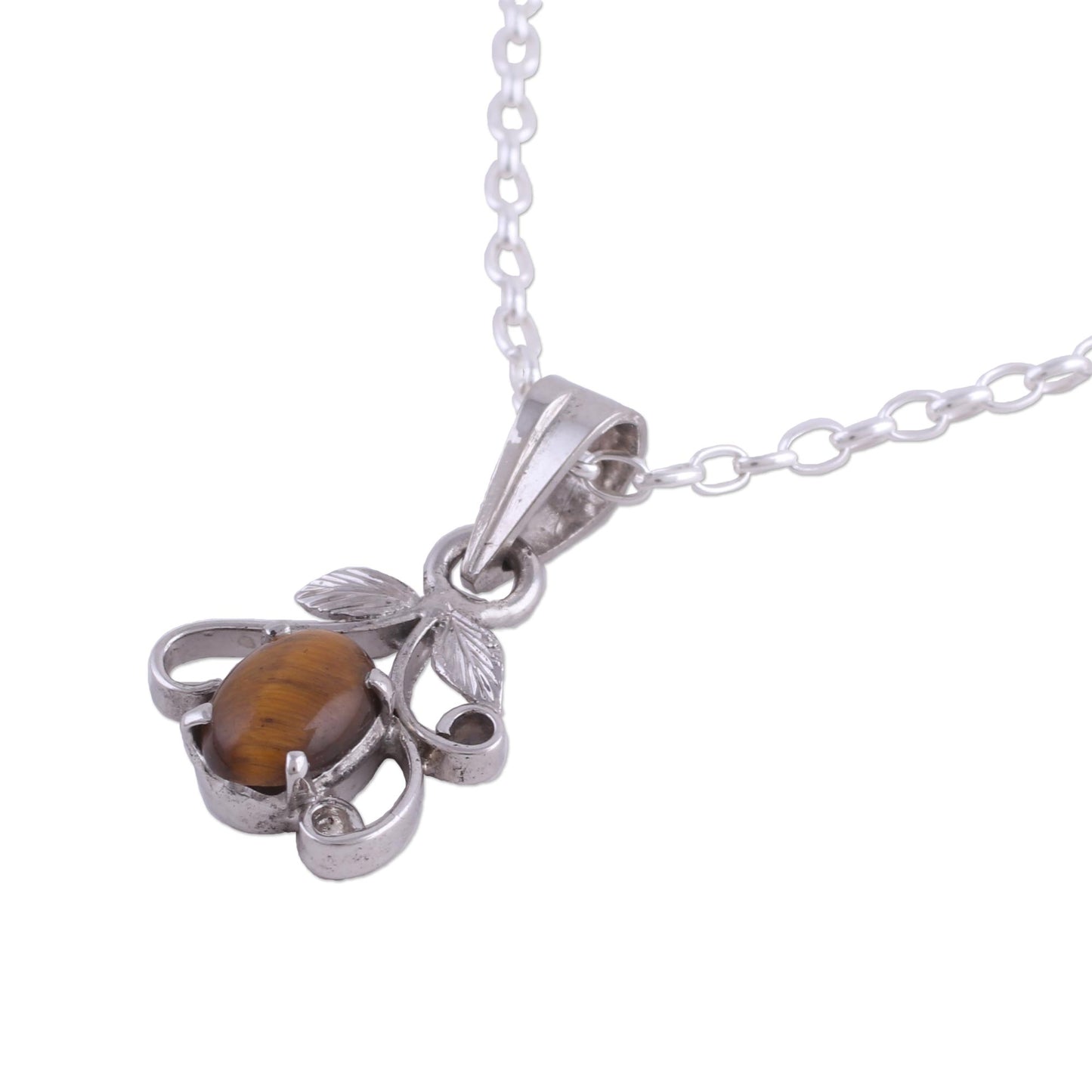 Blossom of Brown Rhodium Plated Tiger's Eye Pendant Necklace from India