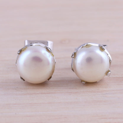 Timeless Appeal Rhodium Plated Cultured Pearl Stud Earrings from India