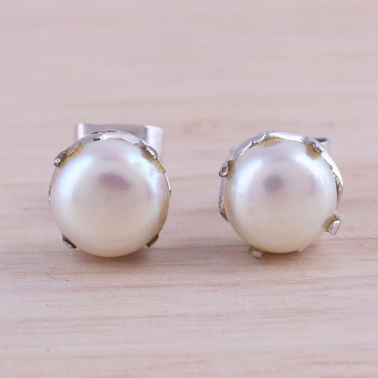 Timeless Appeal Rhodium Plated Cultured Pearl Stud Earrings from India