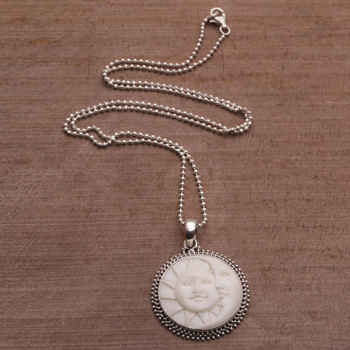 Stellar Lovers Sterling Silver and Bone Sun and Moon Necklace from Bali