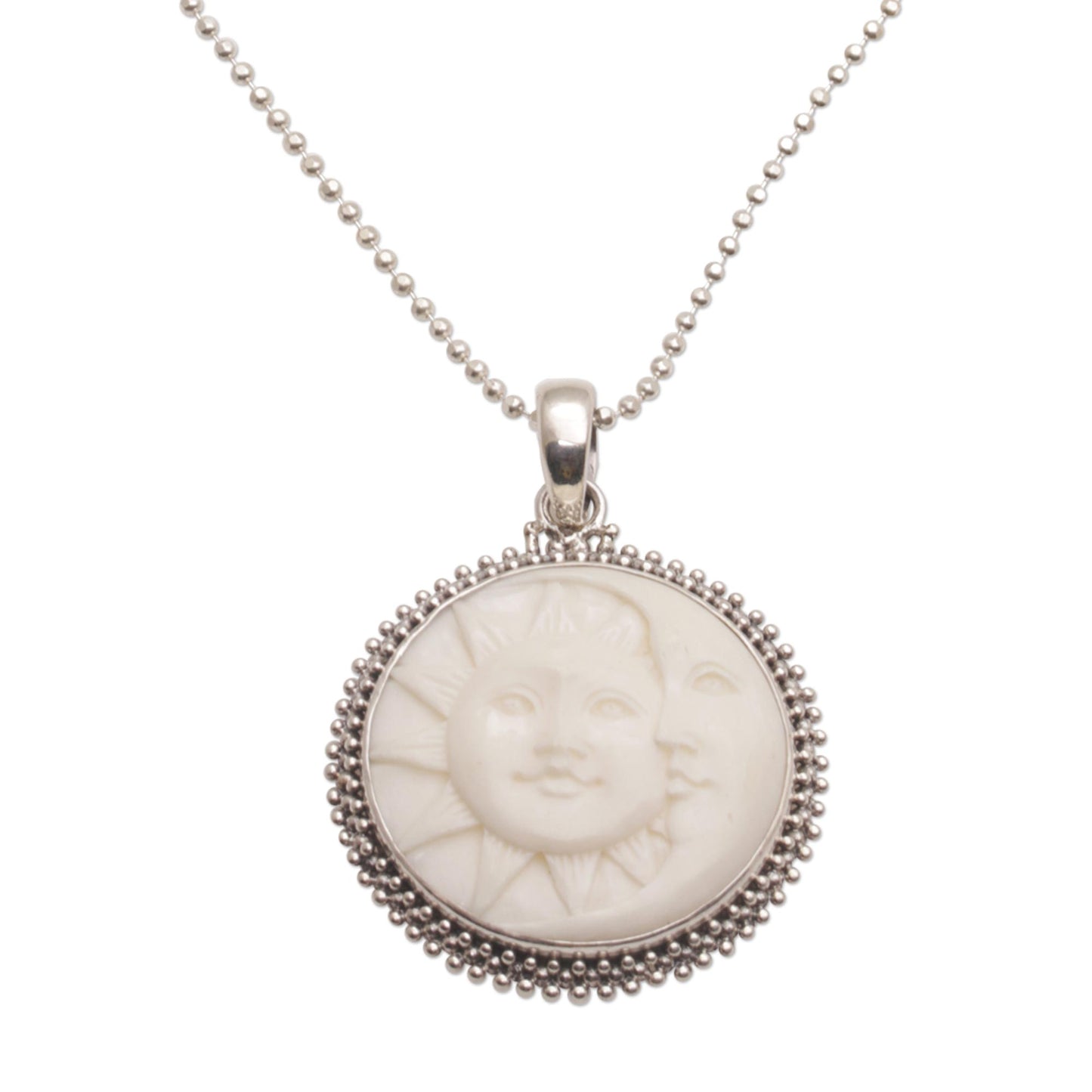 Stellar Lovers Sterling Silver and Bone Sun and Moon Necklace from Bali