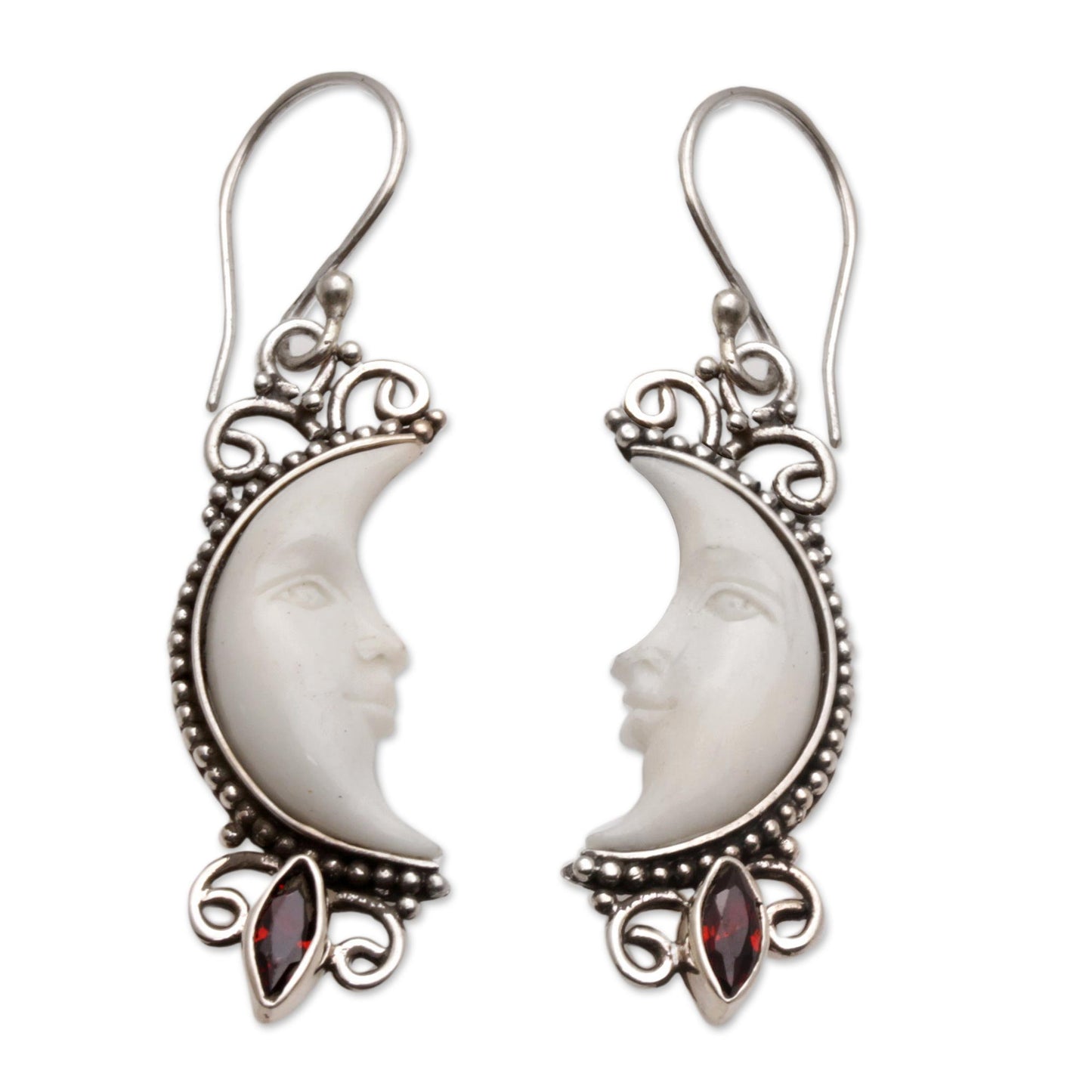 Natural Moonlight Garnet and Silver Crescent Moon Dangle Earrings from Bali