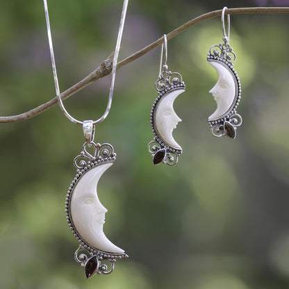 Natural Moonlight Garnet and Silver Crescent Moon Dangle Earrings from Bali