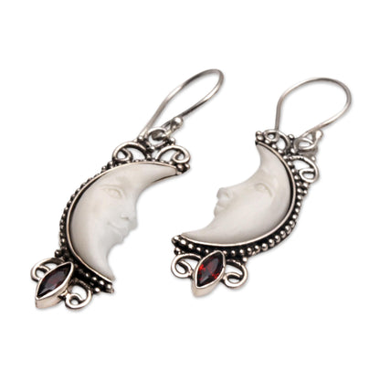 Natural Moonlight Garnet and Silver Crescent Moon Dangle Earrings from Bali