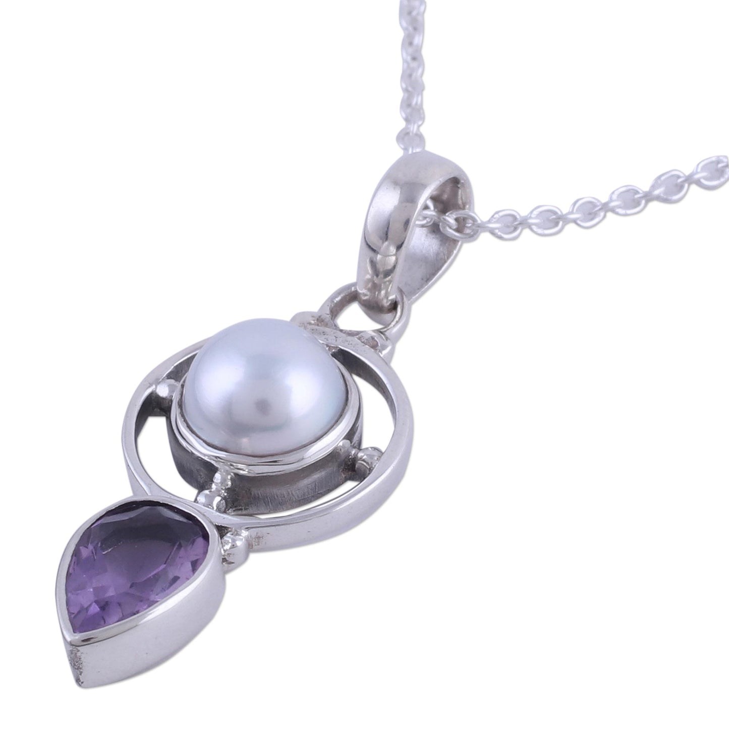 Wheel of Wonder Amethyst and Cultured Pearl Pendant Necklace from India