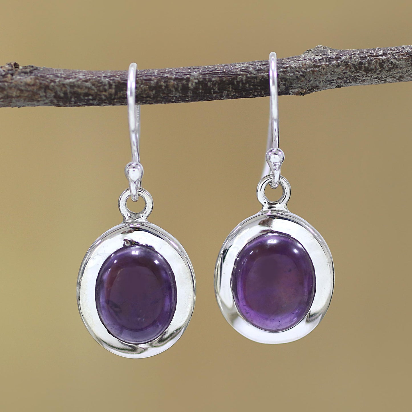 Haloed Purple Amethyst and Sterling Silver Dangle Earrings from India