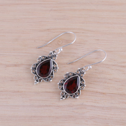 Red Intricacy Sterling Silver and Garnet Dangle Earrings from India