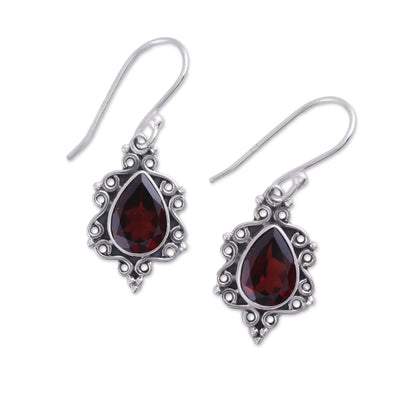 Red Intricacy Sterling Silver and Garnet Dangle Earrings from India