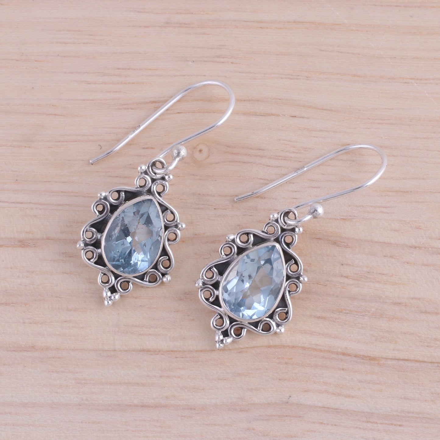 Blue Intricacy Sterling Silver and Blue Topaz Dangle Earrings from India