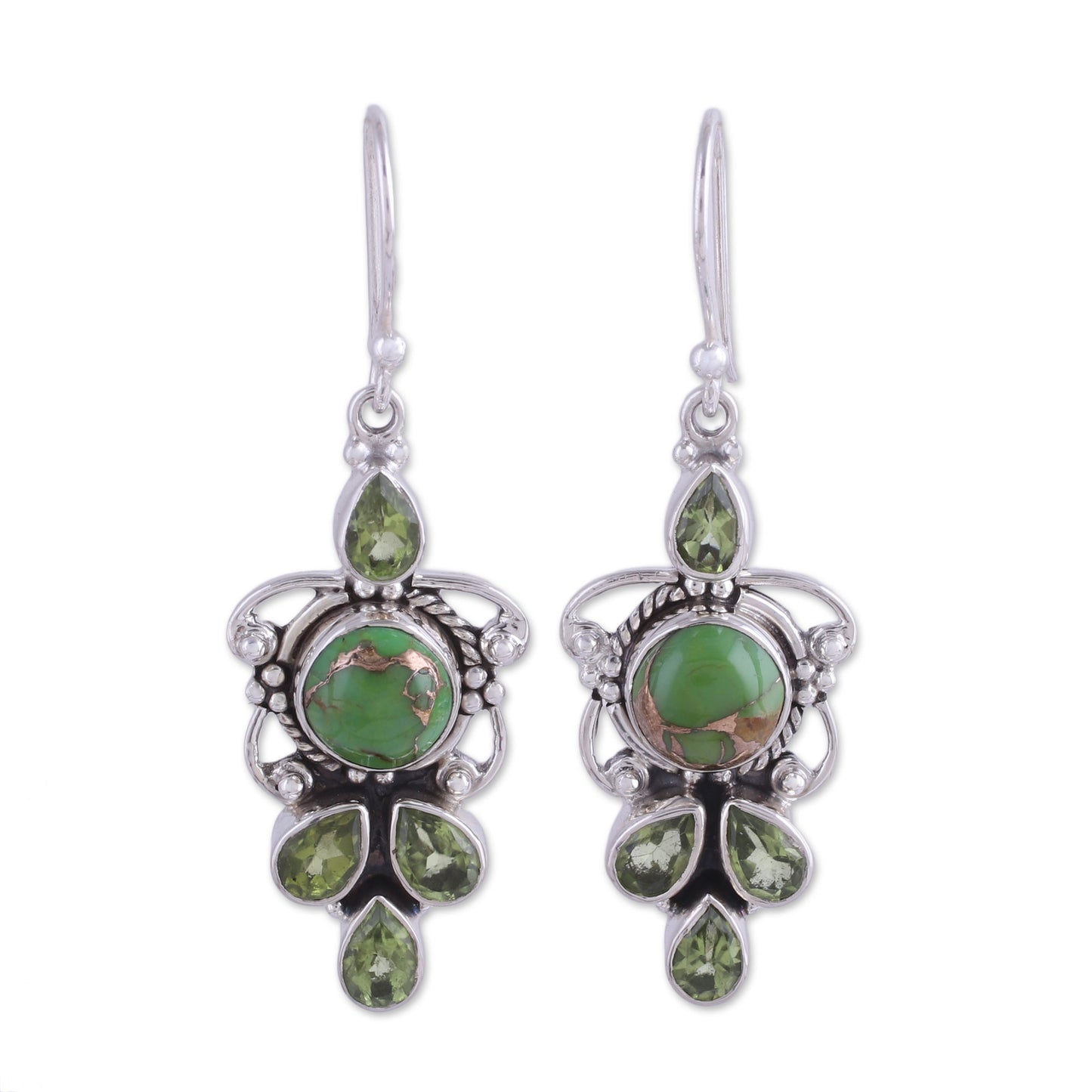 Glittering Green Peridot and Green Composite Turquoise 925 Silver Earrings