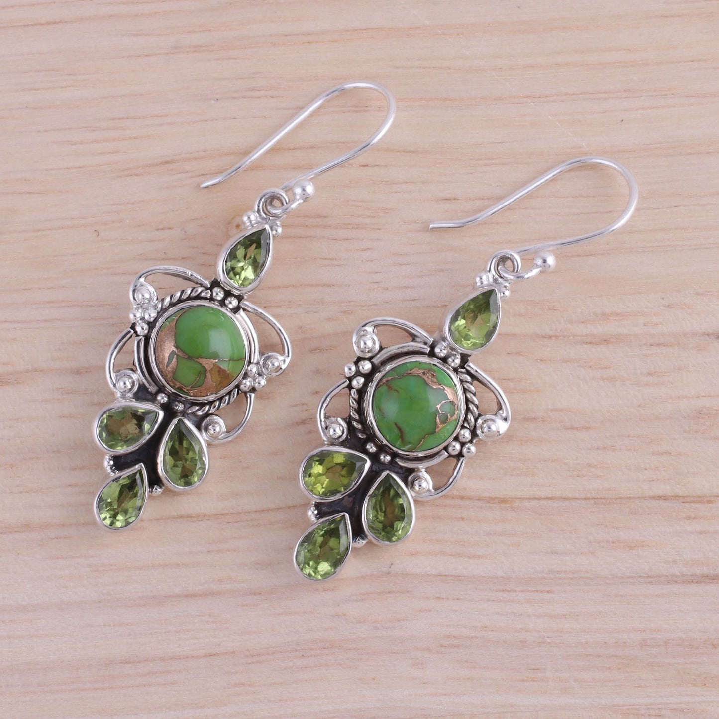 Glittering Green Peridot and Green Composite Turquoise 925 Silver Earrings