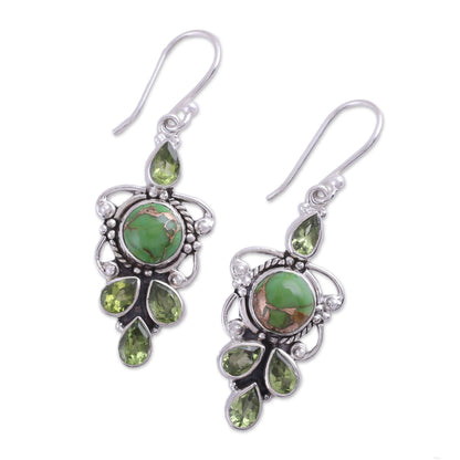 Glittering Green Peridot and Green Composite Turquoise 925 Silver Earrings