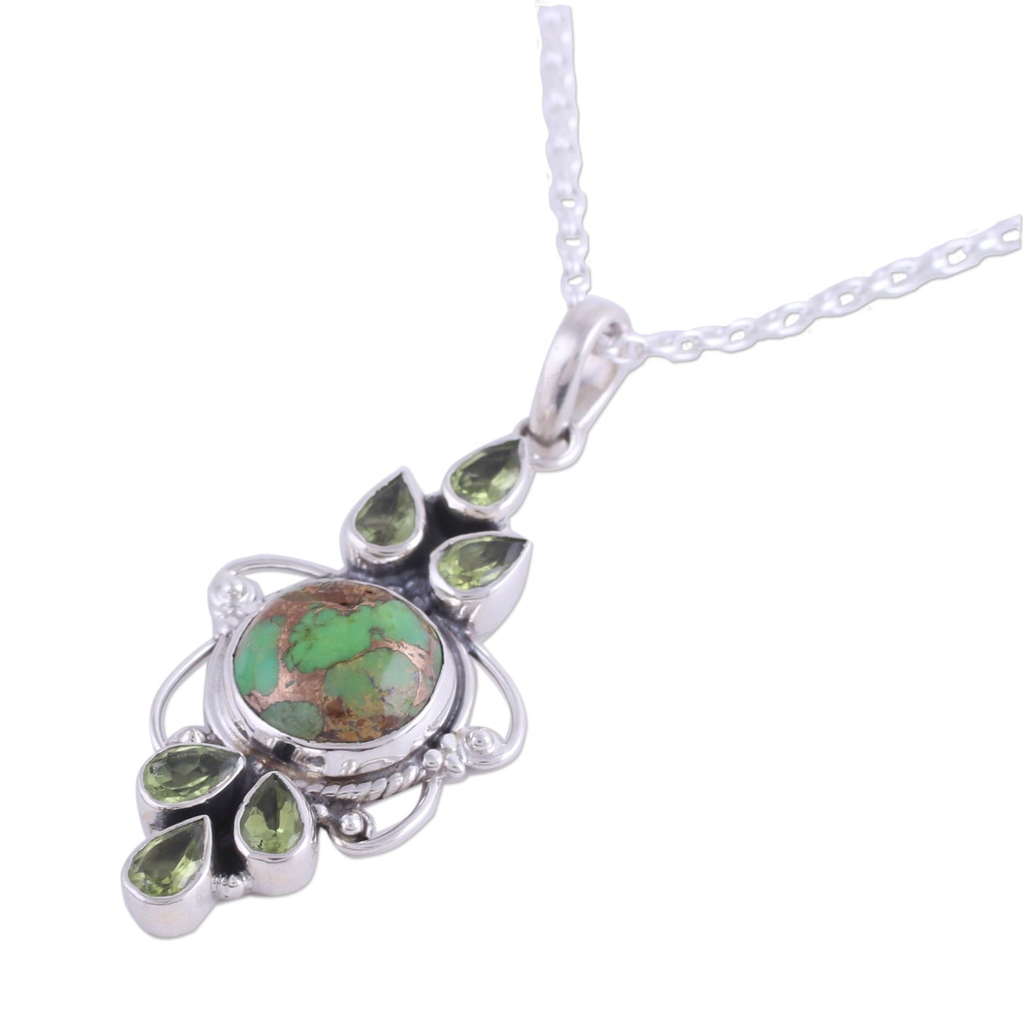 Glittering Green Peridot and Composite Turquoise Pendant Necklace from India