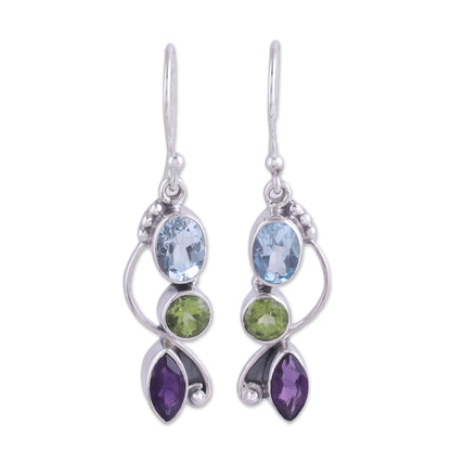 Shimmering Alliance Blue Topaz Peridot Amethyst Sterling Silver Dangle Earrings