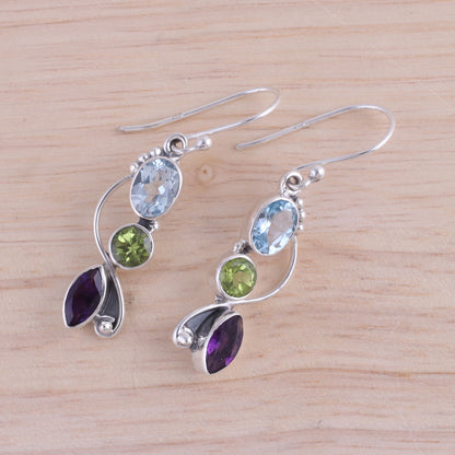 Shimmering Alliance Blue Topaz Peridot Amethyst Sterling Silver Dangle Earrings