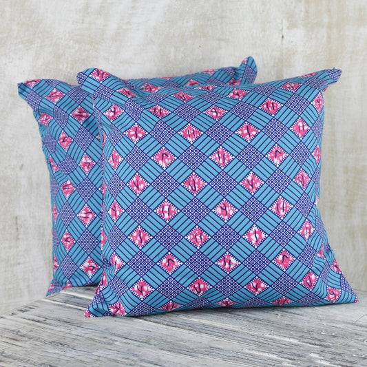 Blue Weave 100% Cotton Pink and Blue Weave Print Pair of Cushion Covers