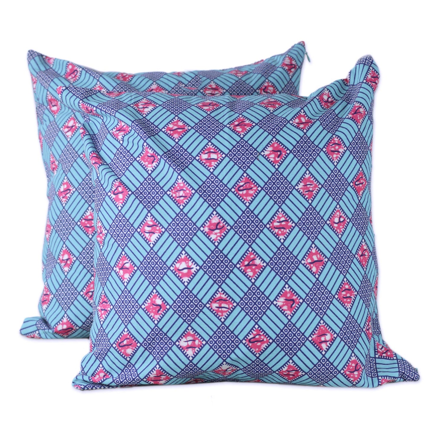 Blue Weave 100% Cotton Pink and Blue Weave Print Pair of Cushion Covers