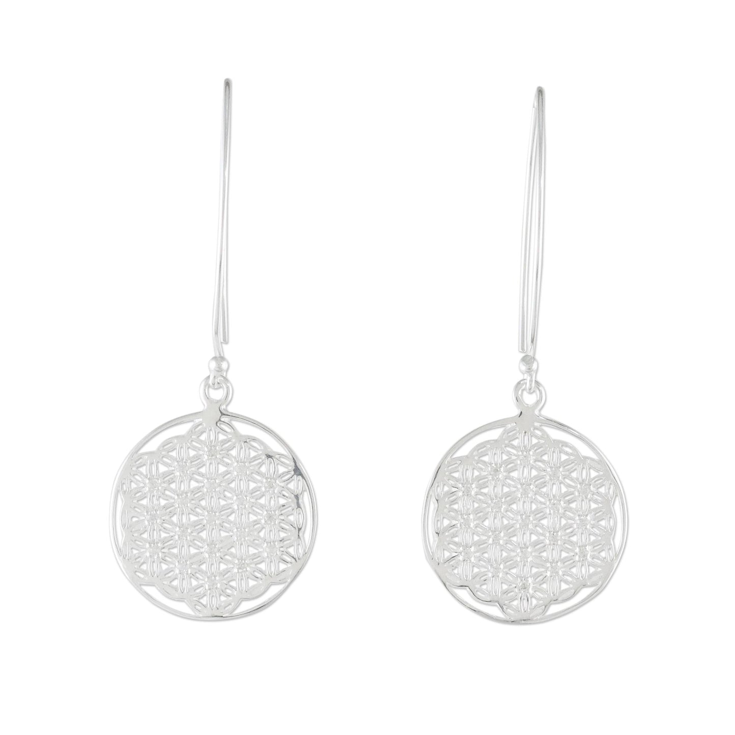 Fractal Circle Thai Sterling Silver and Cubic Zirconia Dangle Earrings