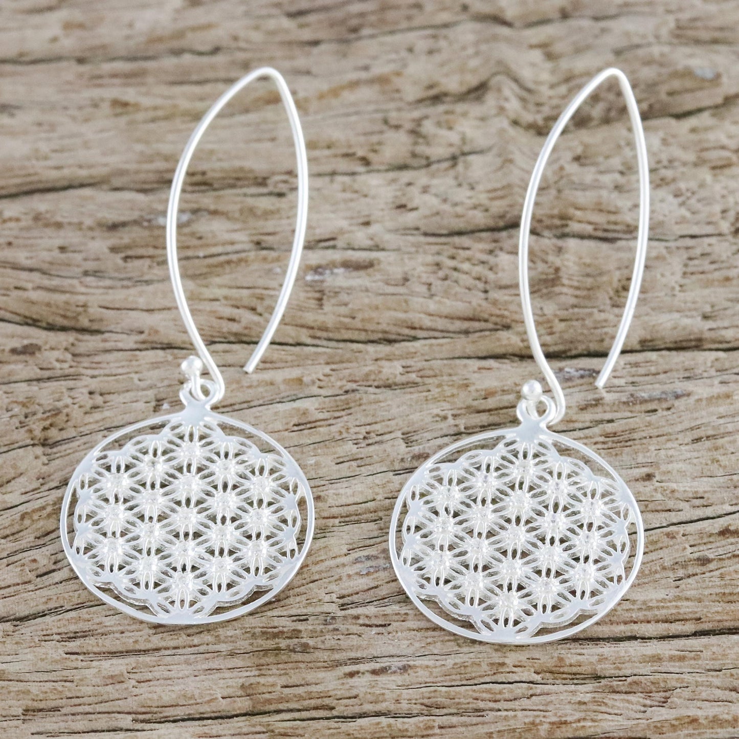 Fractal Circle Thai Sterling Silver and Cubic Zirconia Dangle Earrings