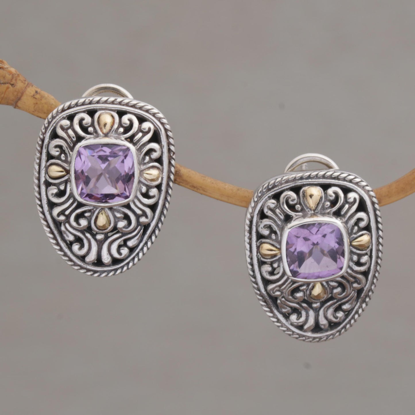 Luxurious Swirls Sterling Silver and Amethyst Drop Earrings with Gold Accents