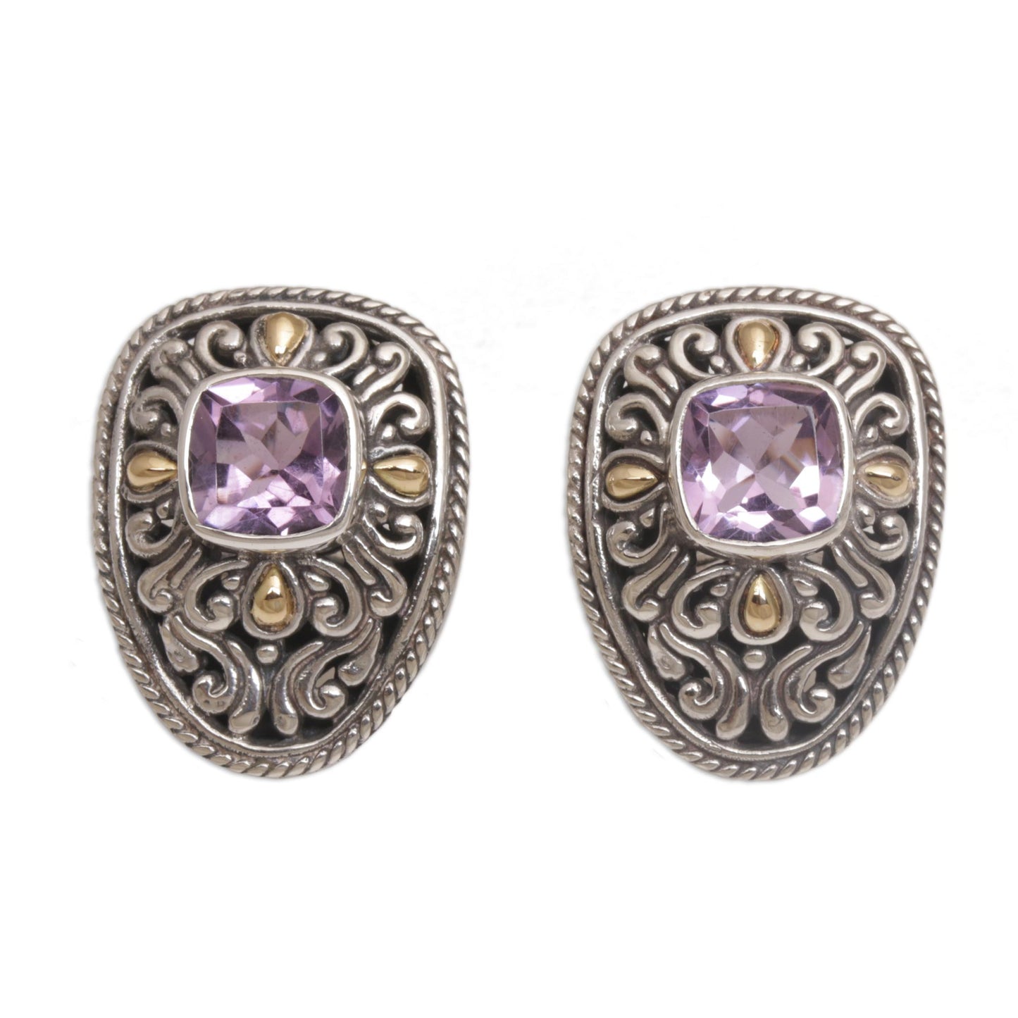 Luxurious Swirls Sterling Silver and Amethyst Drop Earrings with Gold Accents