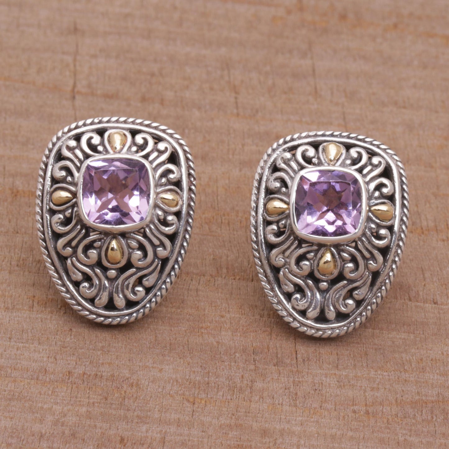 Luxurious Swirls Sterling Silver and Amethyst Drop Earrings with Gold Accents
