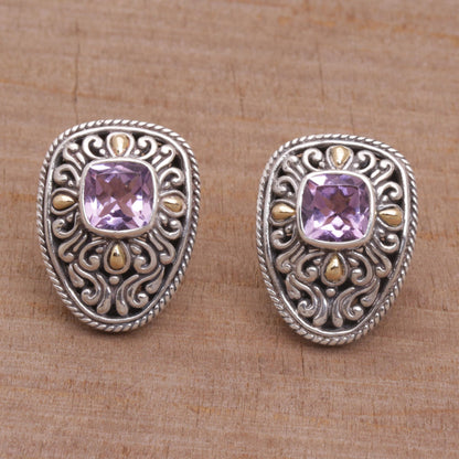 Luxurious Swirls Sterling Silver and Amethyst Drop Earrings with Gold Accents