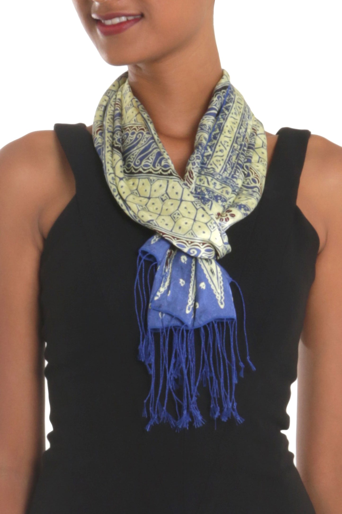 Parang World in Indigo Batik Silk Scarf with Parang Motifs in Indigo from Bali