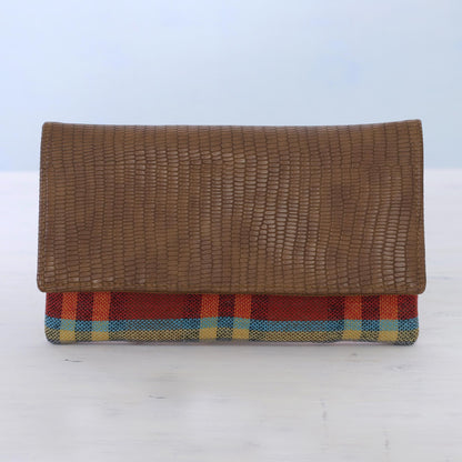 Vibrant Checks Leather Accent Cotton Clutch with Checks from India