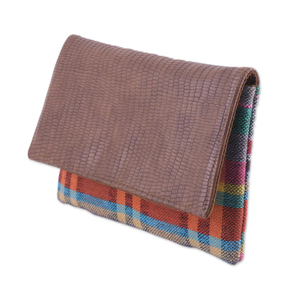 Vibrant Checks Leather Accent Cotton Clutch with Checks from India