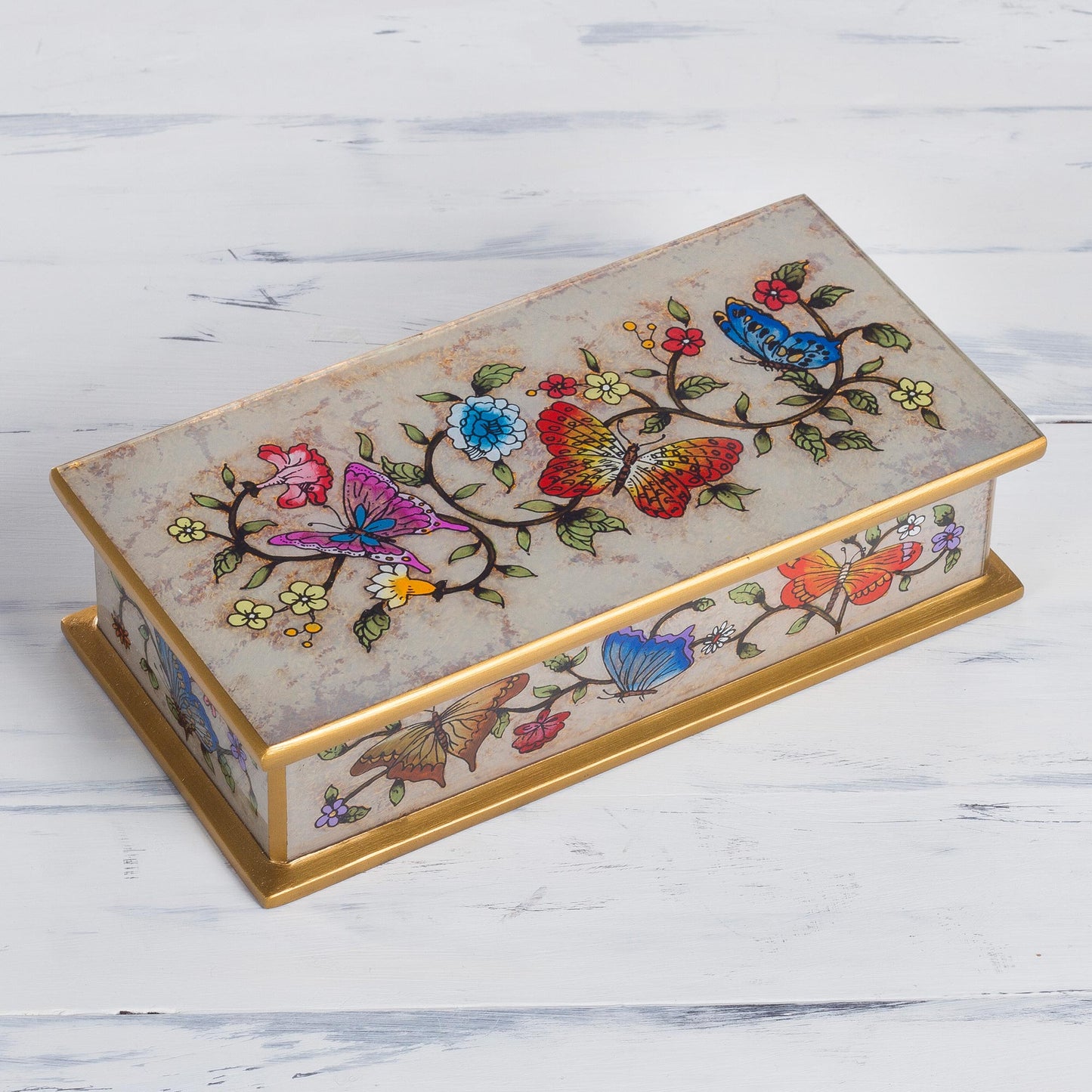 Butterfly Jubilee in Bone Reverse Painted Glass Butterfly Decorative Box in Bone