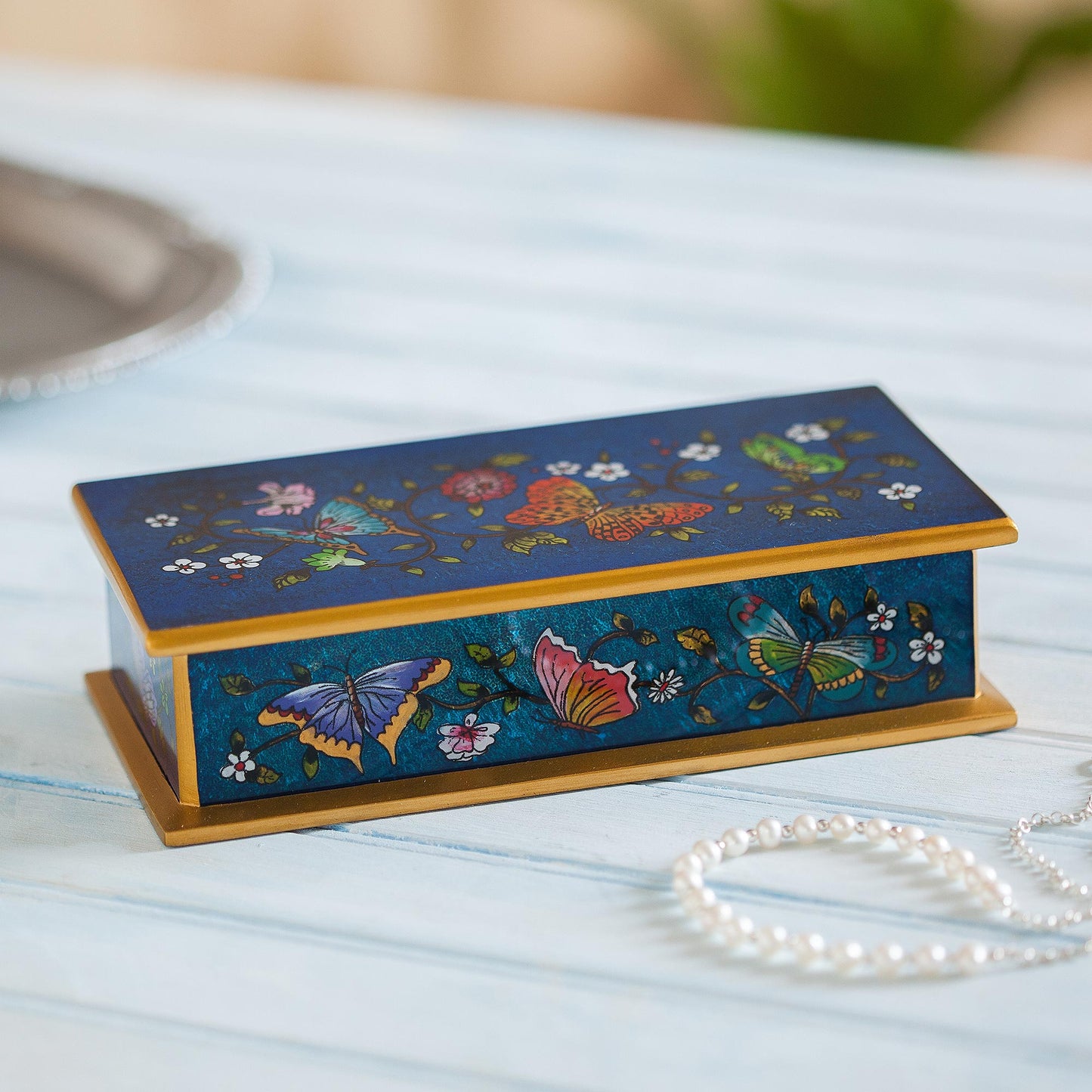 Butterfly Jubilee In Cyan Hand Carved Box