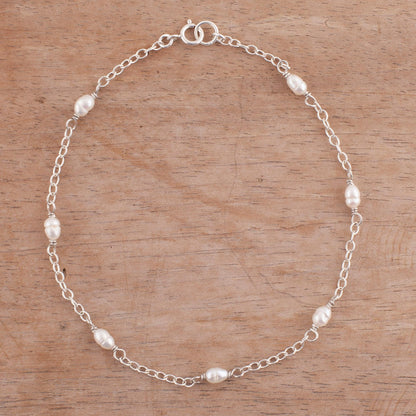 Leisurely Walk Cultured Pearl and Sterling Silver Anklet from Peru