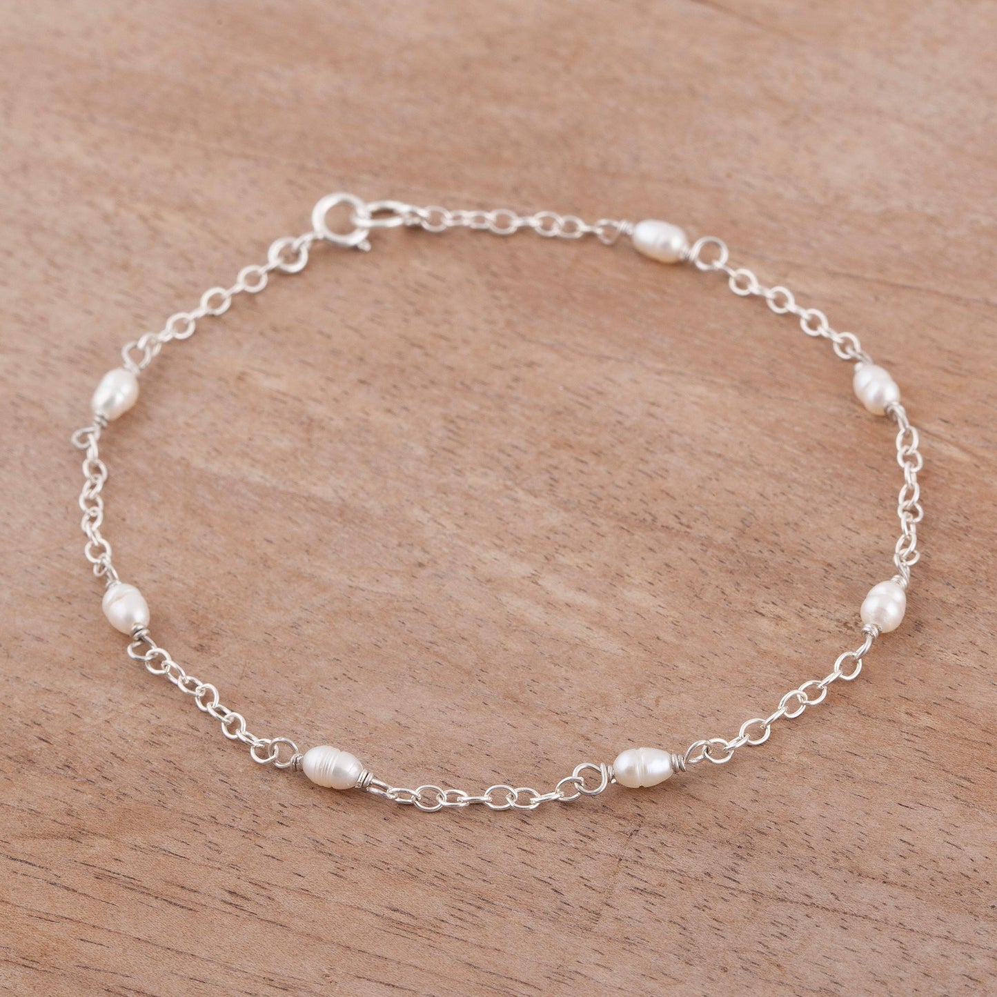 Leisurely Walk Cultured Pearl and Sterling Silver Anklet from Peru