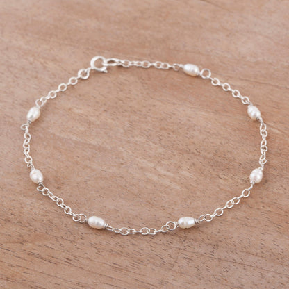 Leisurely Walk Cultured Pearl and Sterling Silver Anklet from Peru