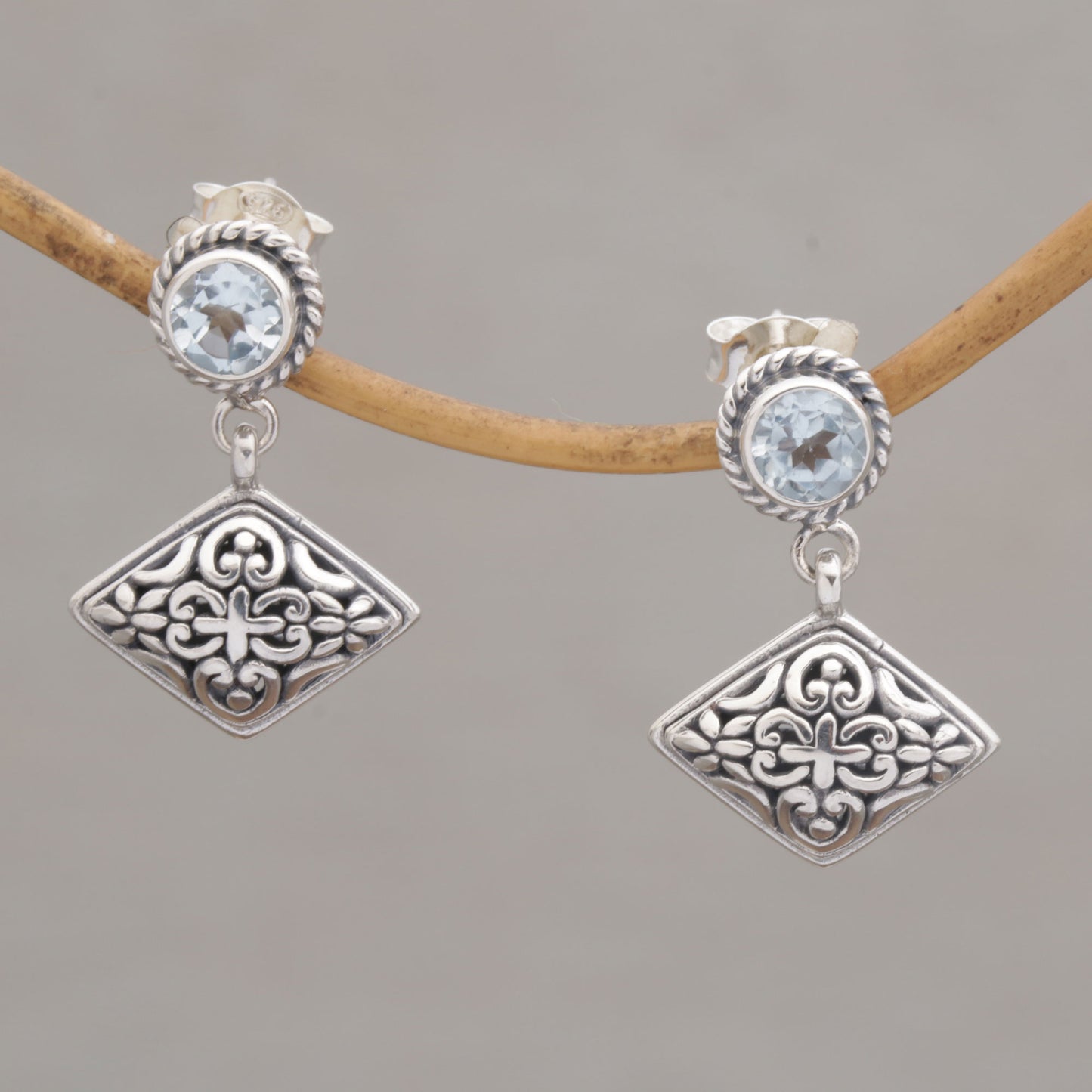 Diamond Dew Blue Topaz Dangle Earrings with Diamond Shapes from Bali