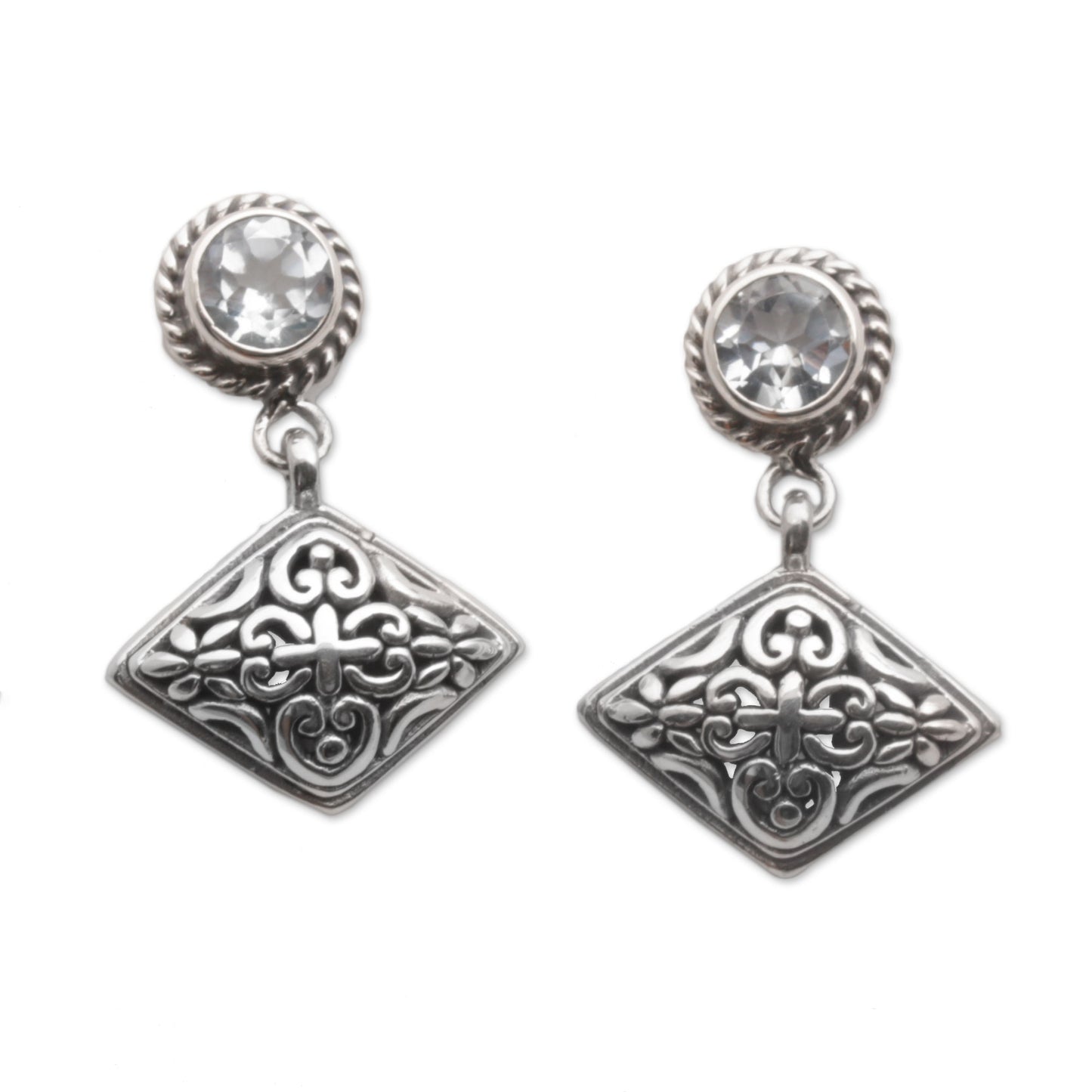 Diamond Dew Blue Topaz Dangle Earrings with Diamond Shapes from Bali