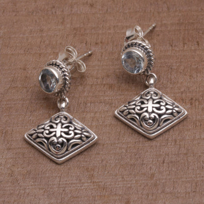 Diamond Dew Blue Topaz Dangle Earrings with Diamond Shapes from Bali