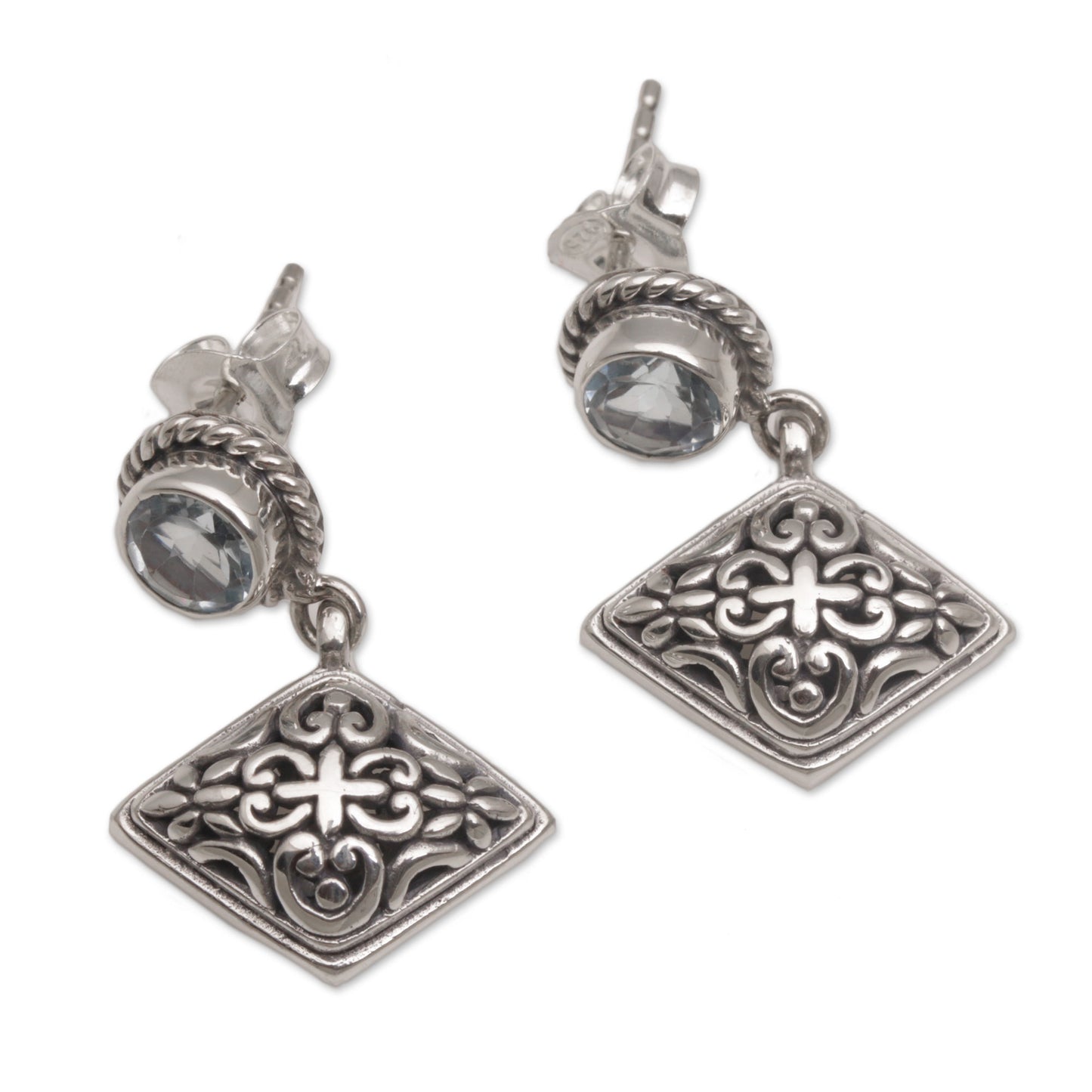Diamond Dew Blue Topaz Dangle Earrings with Diamond Shapes from Bali