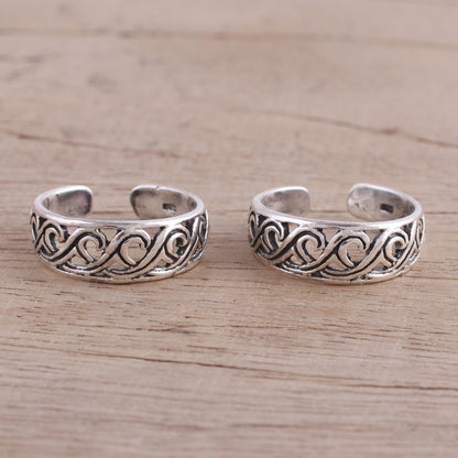 Fascinating Swirls Handcrafted Sterling Silver Pair of Toe Rings from India